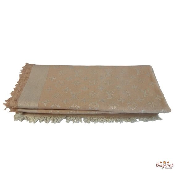 Authentic Louis Vuitton Pink/Beige Silk Wool Monogram Shawl Scarf 55x55 - M72046 - Picture 1 of 8